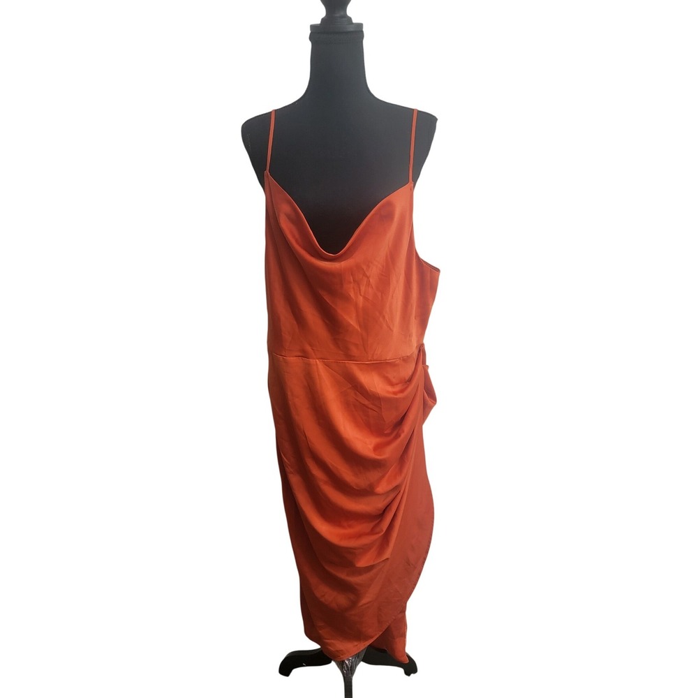 SHEIN BAE Burnt Orange Satin Cowl‎ Neck Ruched Midi Dress 1XL Plus Size Cocktail